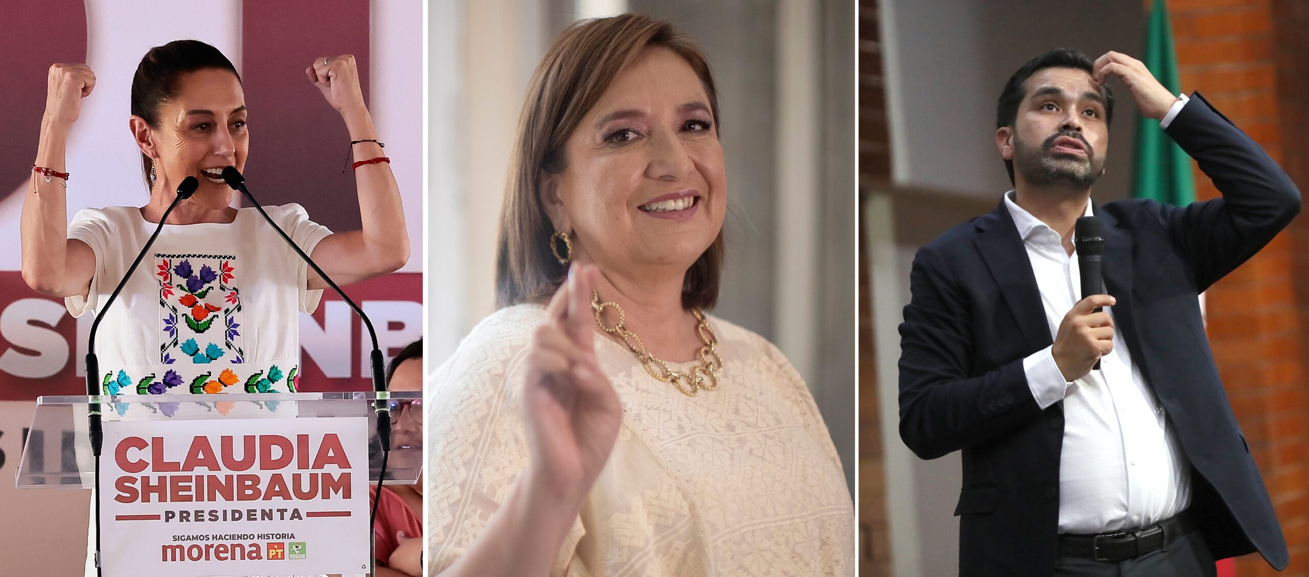 Los candidatos por la presidencia de México, Claudia Sheinbaum, Xóchitl Gálvez, y por Movimiento Ciudadano, Jorge Álvarez Máynez, durante diferentes actos políticos en México. Foto de EFE/ José Méndez/ Isaac Esquivel/ Mario Guzmán.