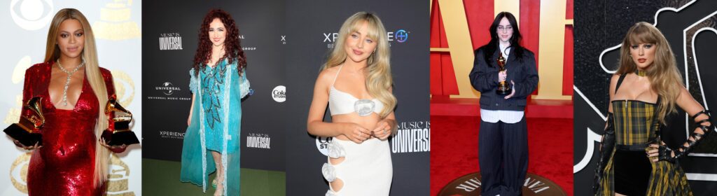 Combo de fotografías de archivo donde aparecen desde la izquierda las cantantes Beyoncé, Chappell Roan, Sabrina Carpenter, Billie Eilish y Taylor Swift. Foto de EFE/ Mike Nelson/ Nina Prommer/ Octavio Guzmán ARCHIVO.