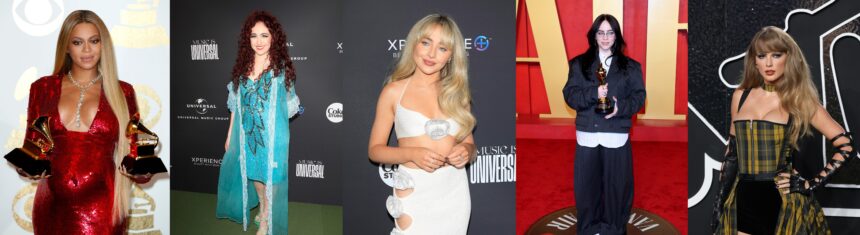 Combo de fotografías de archivo donde aparecen desde la izquierda las cantantes Beyoncé, Chappell Roan, Sabrina Carpenter, Billie Eilish y Taylor Swift. Foto de EFE/ Mike Nelson/ Nina Prommer/ Octavio Guzmán ARCHIVO.