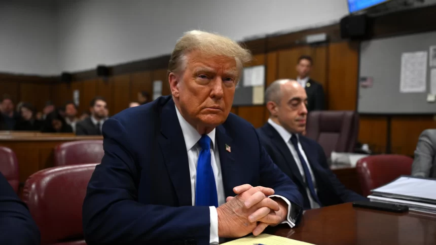 former president and current republican presidential candidate donald trump awaits the start proceedings manhattan criminal court new york new york us 98