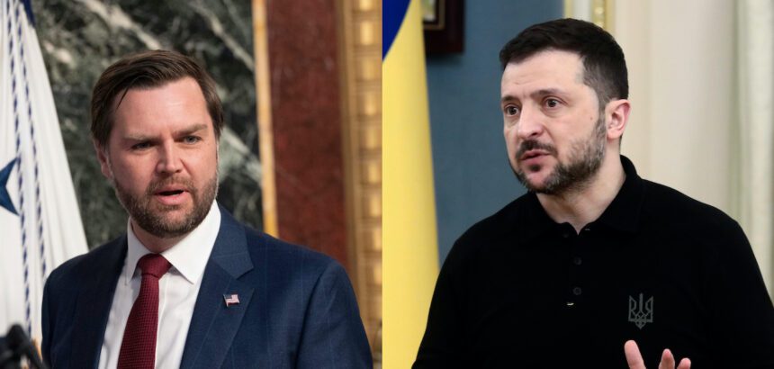 Fotografías de archivo del vicepresidente de Estados Unidos, J.D. Vance (i), y el presidente de Ucrania, Volodímir Zelenski. Zelenski denuncia que un dron ruso ha impactado en la central de Chernóbil. Foto de EFE/ Chris Kleponis / Volodymyr Tarasov.