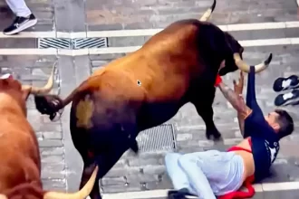 Milagrosamente, se salvó este corredor que fue arrastrado más de diez metros por este castaño que, pese a todo, mostró nobleza al no buscar herir al mozo. Foto: JLMNoticias / PTPamplona.