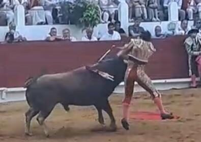 El momento de que Colombo recibió el fortísimo golpe con el pitón derecho y que le provocó la severa lesión. Foto: JLMNoticias / Captura de Pantalla.