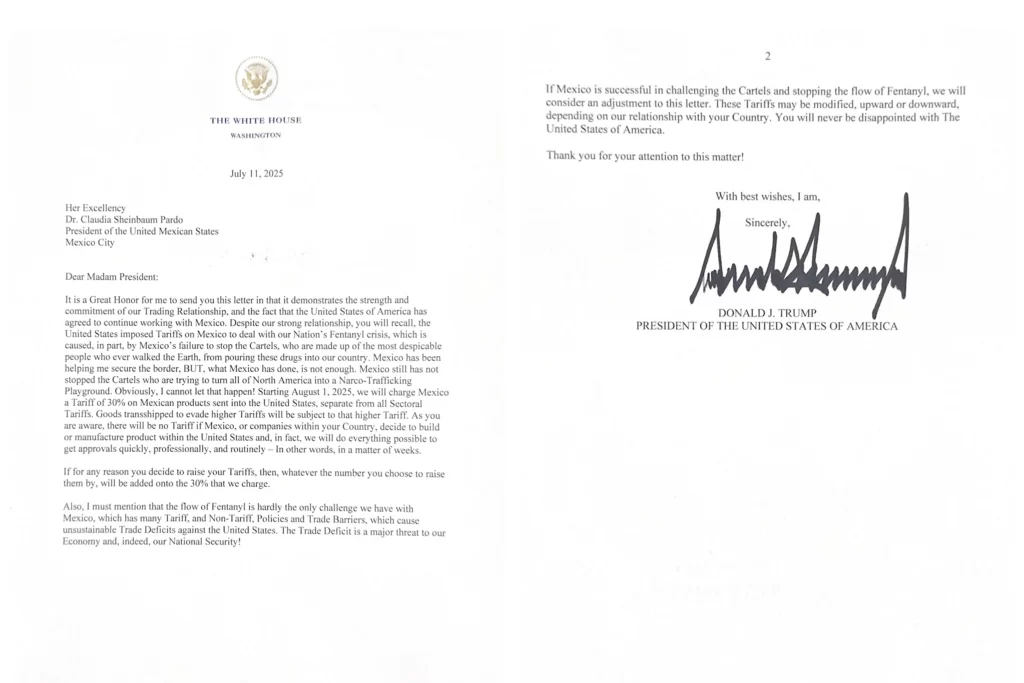 La carta donde Donald Trump anuncia la imposicion de aranceles y que publico en sus red social Truth Social