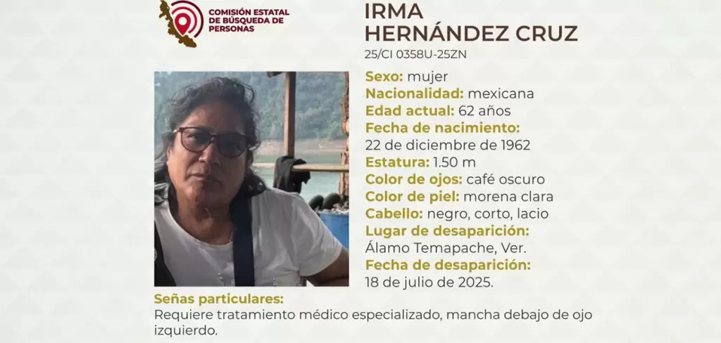 La maestra jubilada Irma Hernández Cruz, fue localizada sin vida, tras ser reportada como desaparecida en Veracruz