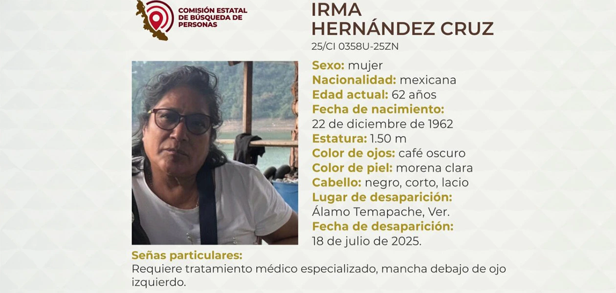 La maestra jubilada Irma Hernández Cruz, fue localizada sin vida, tras ser reportada como desaparecida en Veracruz
