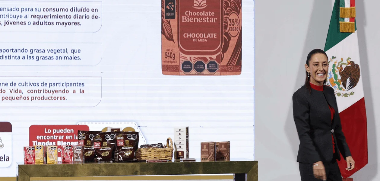 La presidenta Sheinbaum durante la presentación del Chocolate Bienestar
