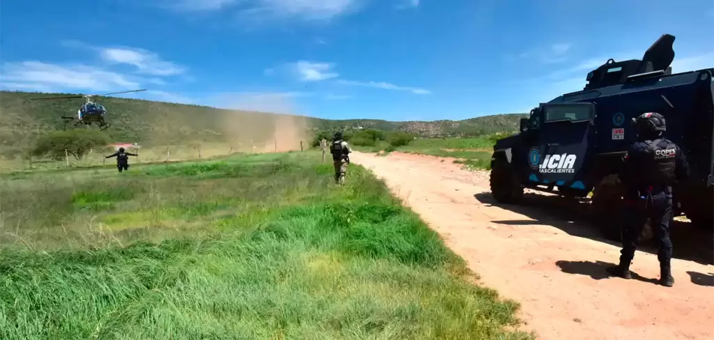 El operativo de las fuerzas de los tres órdenes de Gobierno en Pabellón de Hidalgo. Cuatro desaparecidos entre los detenidos del CJNG en Rincón de Romos. Foto: JLMNoticias / Gobierno del Estado de Aguascalientes.