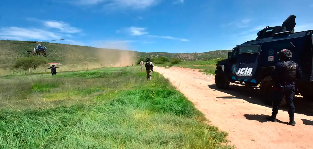 El operativo de las fuerzas de los tres órdenes de Gobierno en Pabellón de Hidalgo. Cuatro desaparecidos entre los detenidos del CJNG en Rincón de Romos. Foto: JLMNoticias / Gobierno del Estado de Aguascalientes.