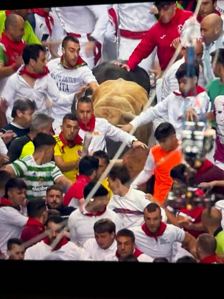 Impresionante momento del final de la carrera en que en donde no había espacio, toros bravos y corredores se mezclaron a ver cuál encontraba un hueco para seguir el trayecto.
