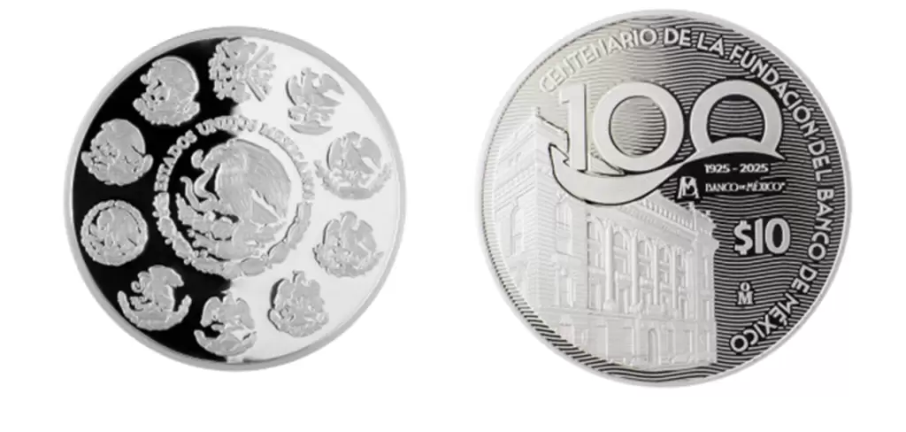 Moneda de plata Conmemorativa que el Banco de Mexico lanzara en edicion especial por el Centenario de su Fundacion