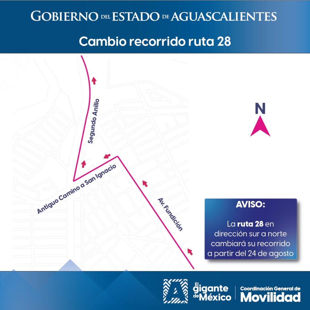 Desde el 24 de agosto, la ruta 28 del transporte público en Aguascalientes ajustará su recorrido en dirección sur-norte para mayor seguridad y eficiencia.