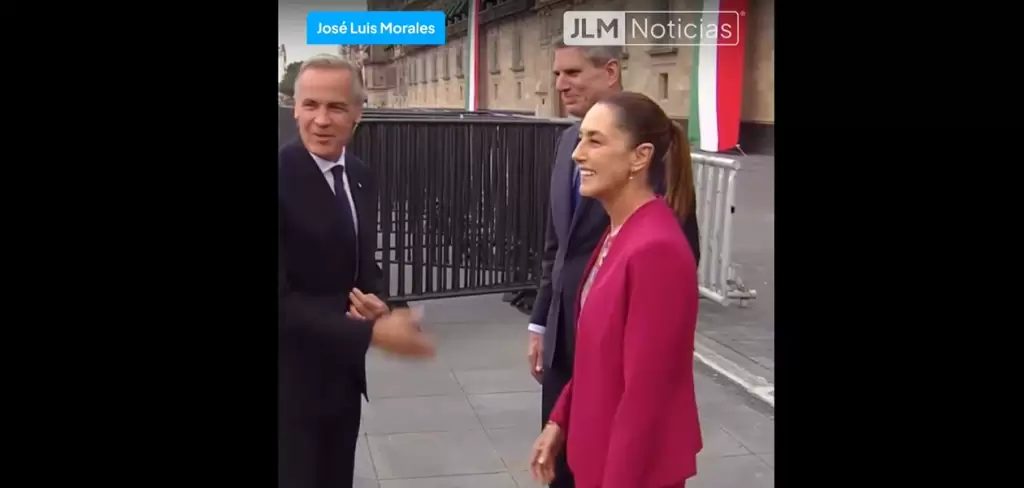 Claudia Sheinbaum recibe al primer ministro de Canada Mark Carney a las puertas de Palacio Nacional. Foto JLMNoticias captura de pantalla