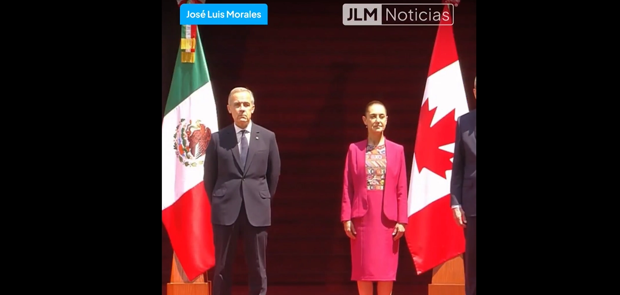 Mark Carney y Claudia Sheinbaum, escucharon el himno nacional de ambos países, previo a su reunión en Palacio Nacional. Foto JLMNoticias captura de pantalla