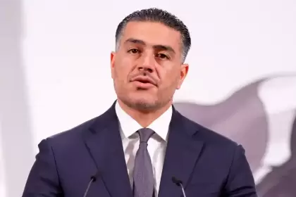 Omar García Harfuch, secretario de Seguridad, en conferencia de prensa. Agosto 2025, el mes con menos homicidios en 10 años. Agencia El Universal / Diego Simón Sánchez