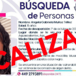 Ficha de búsqueda de Ángela Gabriela Muñoz Téllez. Fue localizada sin vida en Querétaro, tras ser desaparecida en Aguascalientes. Foto: FGEA Aguascalientes.