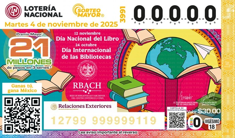 Billete del Sorteo Mayor que conmemora el Día Nacional del Libro y el Día Internacional de las Bibliotecas.