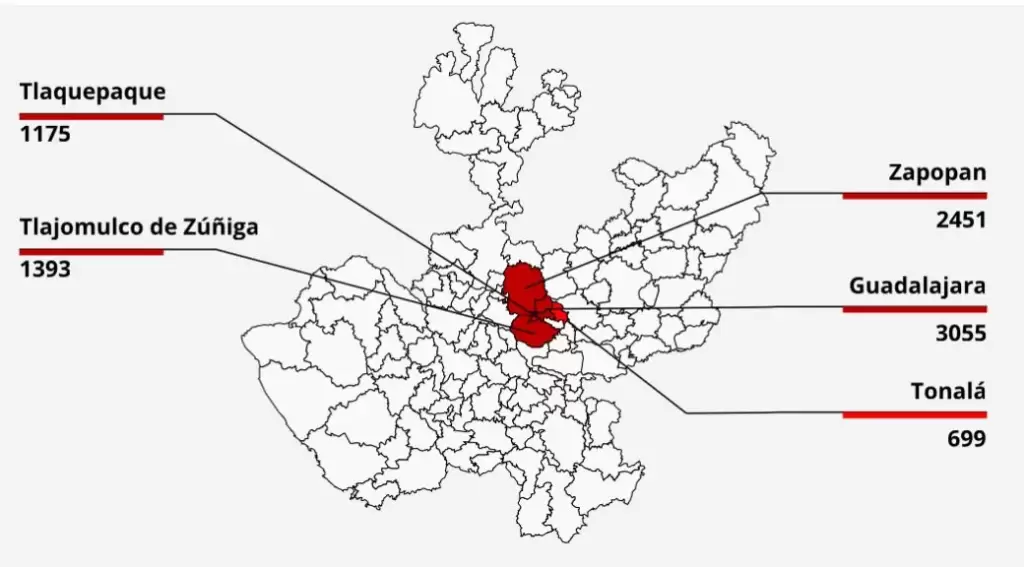 Desapariciones por municipio de Jalisco a mayo de 2025/ Imagen de REDLUPA