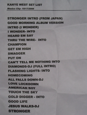Setlist del concierto de Kanye West en México en el año 2008.