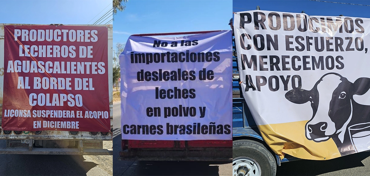 Productores lecheros de Aguascalientes protestan contra el recorte de Liconsa y las importaciones de leche en polvo.