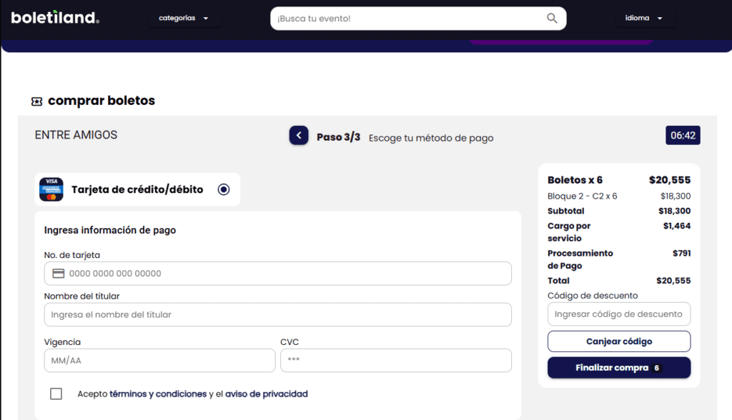 Deberás colocar el número de tarjeta, el nombre del titular, vigencia y CVC. Una vez hecho esto, se comenzará a procesar el pago y listo, los boletos ya son tuyos.