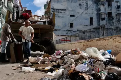 Fotografía del 22 de enero de 2026 que muestra un grupo de personas recogiendo basura en una calle, en La Habana (Cuba). "Crisis humanitaria de gran alcance" en Cuba por aranceles de Trump, advierte Sheinbaum. Foto: JLMNoticias / EFE/ Ernesto Mastrascusa.