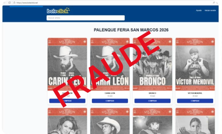 Página apócrifa que ofrece boletos para Palenque de la FNSM2026.