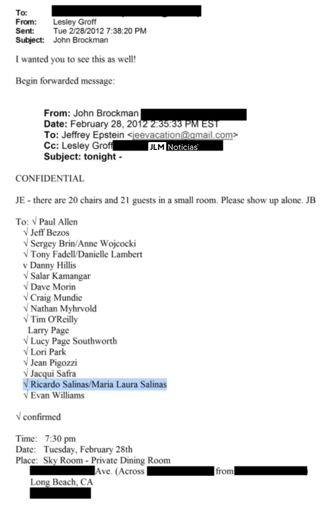 Correo donde se relaciona a Ricardo Salinas con los archivos Epstein.