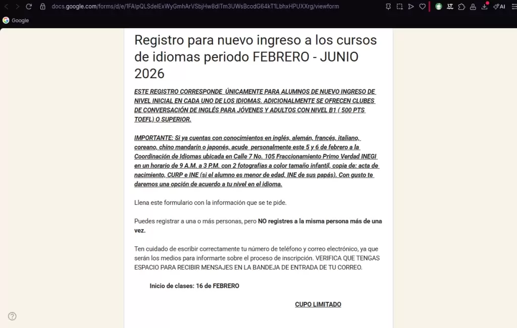  ingresar a: Registro para nuevo ingreso a los cursos de idiomas periodo FEBRERO - JUNIO 2026.
