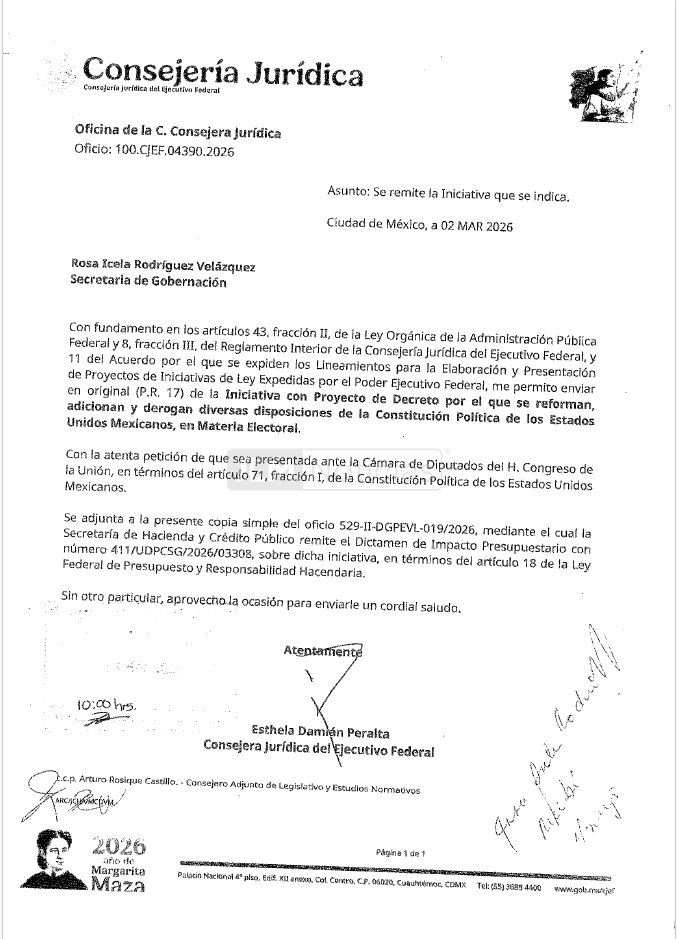 Oficio de la Consejería Jurídica del Ejecutivo Federal donde se remite la iniciativa de reforma electoral del gobierno de Claudia Sheinbaum a la Secretaría de Gobernación para su envío a la Cámara de Diputados.
