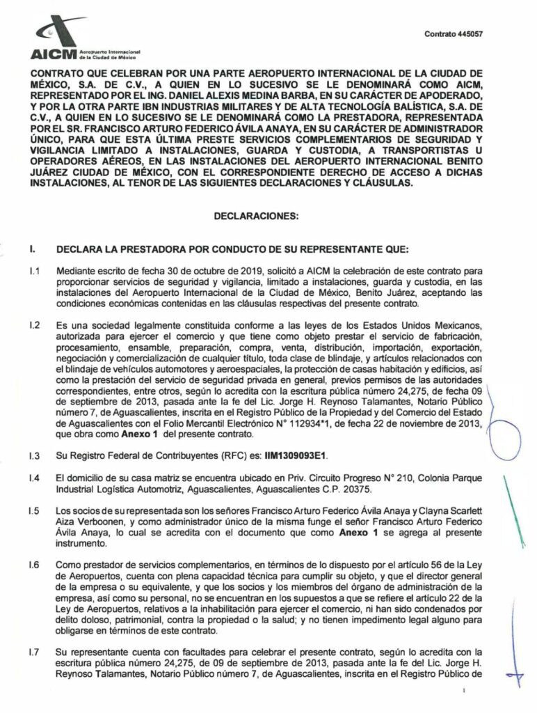 Contrato firmado por Arturo Ávila Anaya como administrador único de IBN // Créditos de Mexicanos contra la Corrupción
