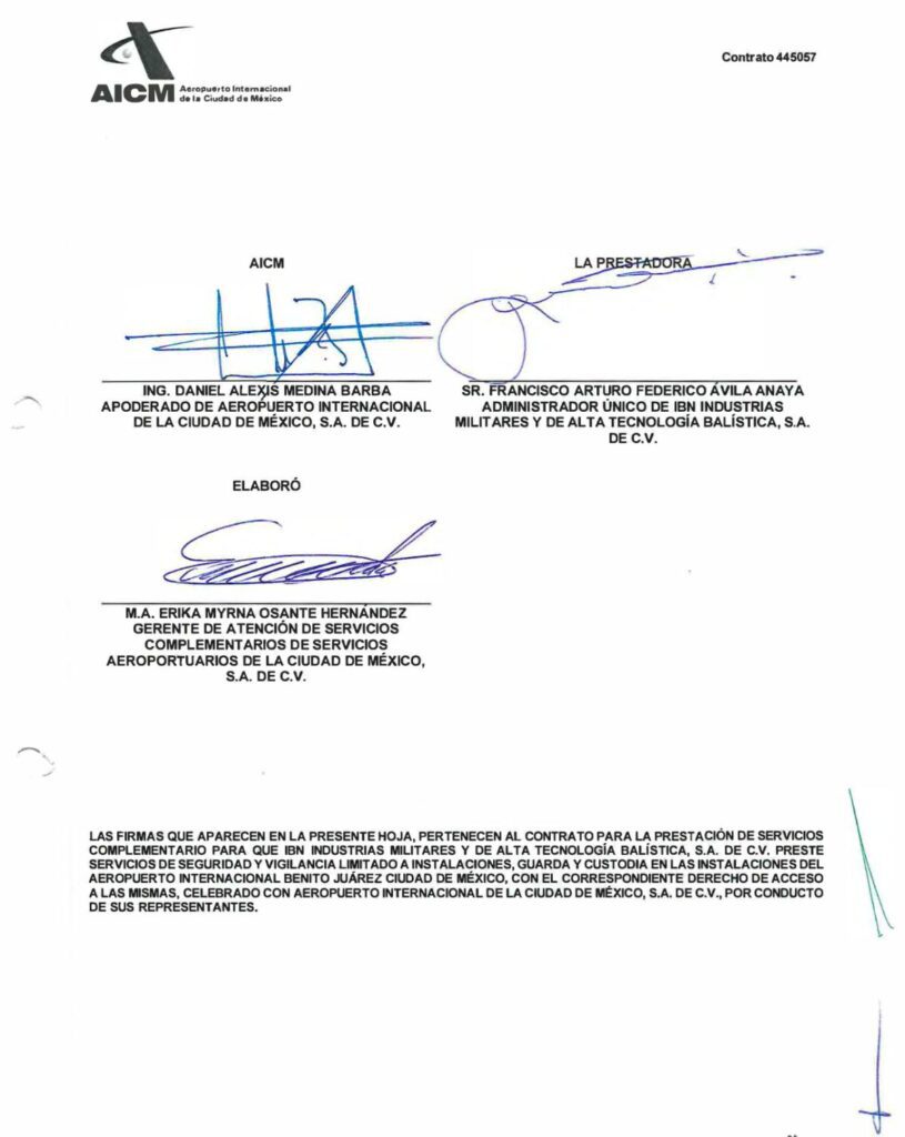 Contrato firmado por Arturo Ávila Anaya como administrador único de IBN // Créditos de Mexicanos contra la Corrupción