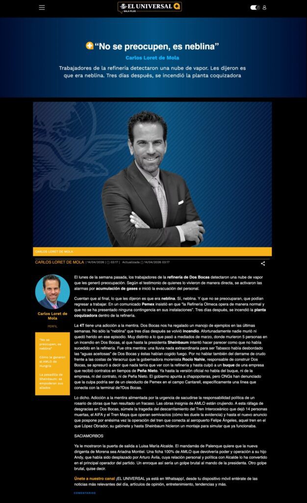 Columna "No se preocupen, es neblina" de Carlos Loret de Mola