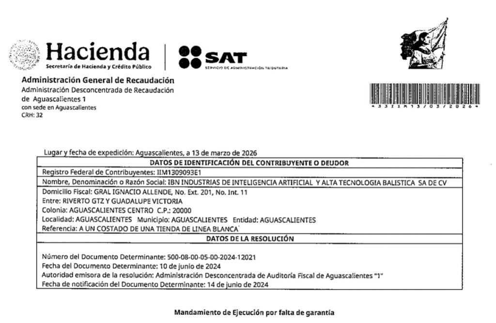 Mandamiento de ejecución de embargo a IBN, empresa ligada a Arturo Ávila // Créditos de Mexicanos contra la Corrupción