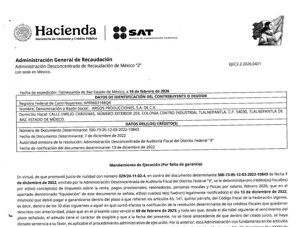 Adeudo de impuestos de Argos Produccion  // Créditos de Mexicanos contra la Corrupción