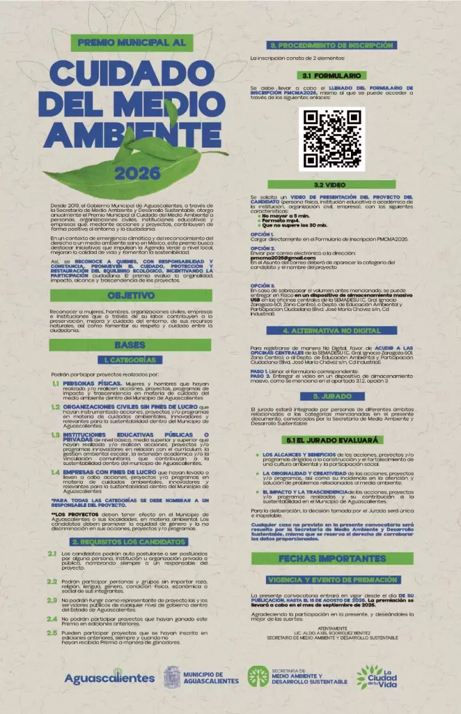 Aguascalientes convoca a Premio de Cuidado del Medio Ambiente 2