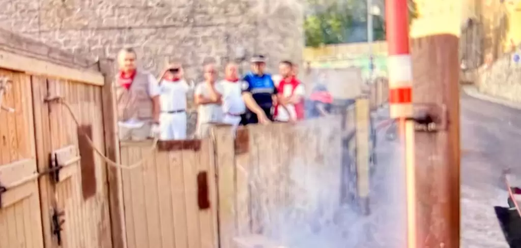 A las 8 en punto de la mañana subió el último de los cohetes que avisa el inicio de los encierros en Pamplona, con toros de Jandilla. Foto: JLMNoticias / Especial / RTVE.