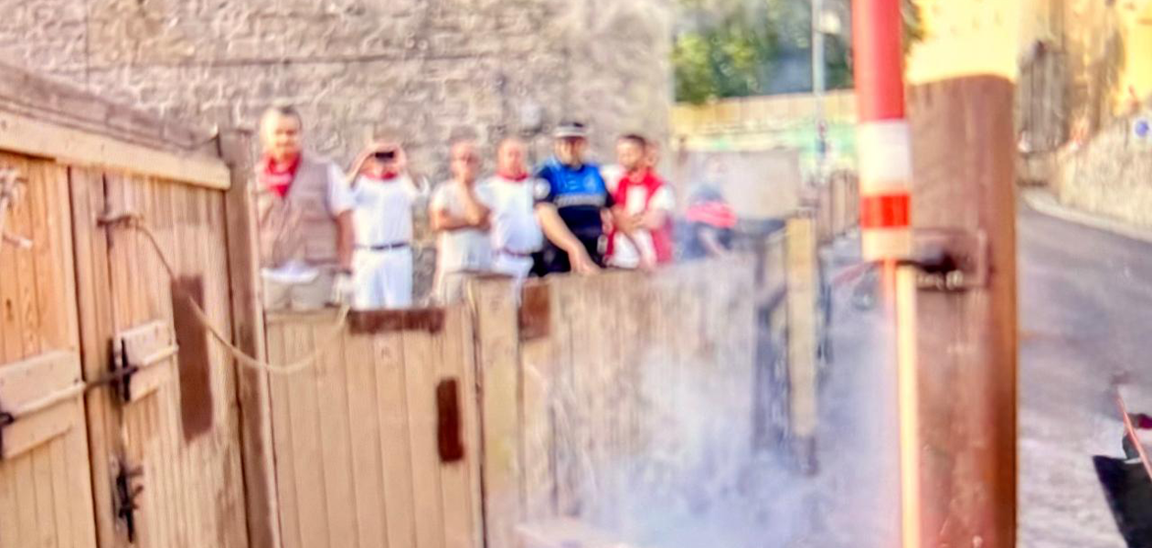 A las 8 en punto de la mañana subió el último de los cohetes que avisa el inicio de los encierros en Pamplona, con toros de Jandilla. Foto: JLMNoticias / Especial / RTVE.