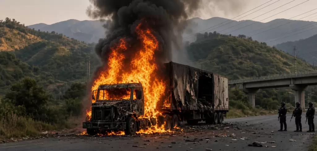 Imagen ilustrativa de los narcobloqueos de este miércoles en Michoacán, tras operativo federal contra 'Tío Lako'. Foto: JLMNoticias / Especial.